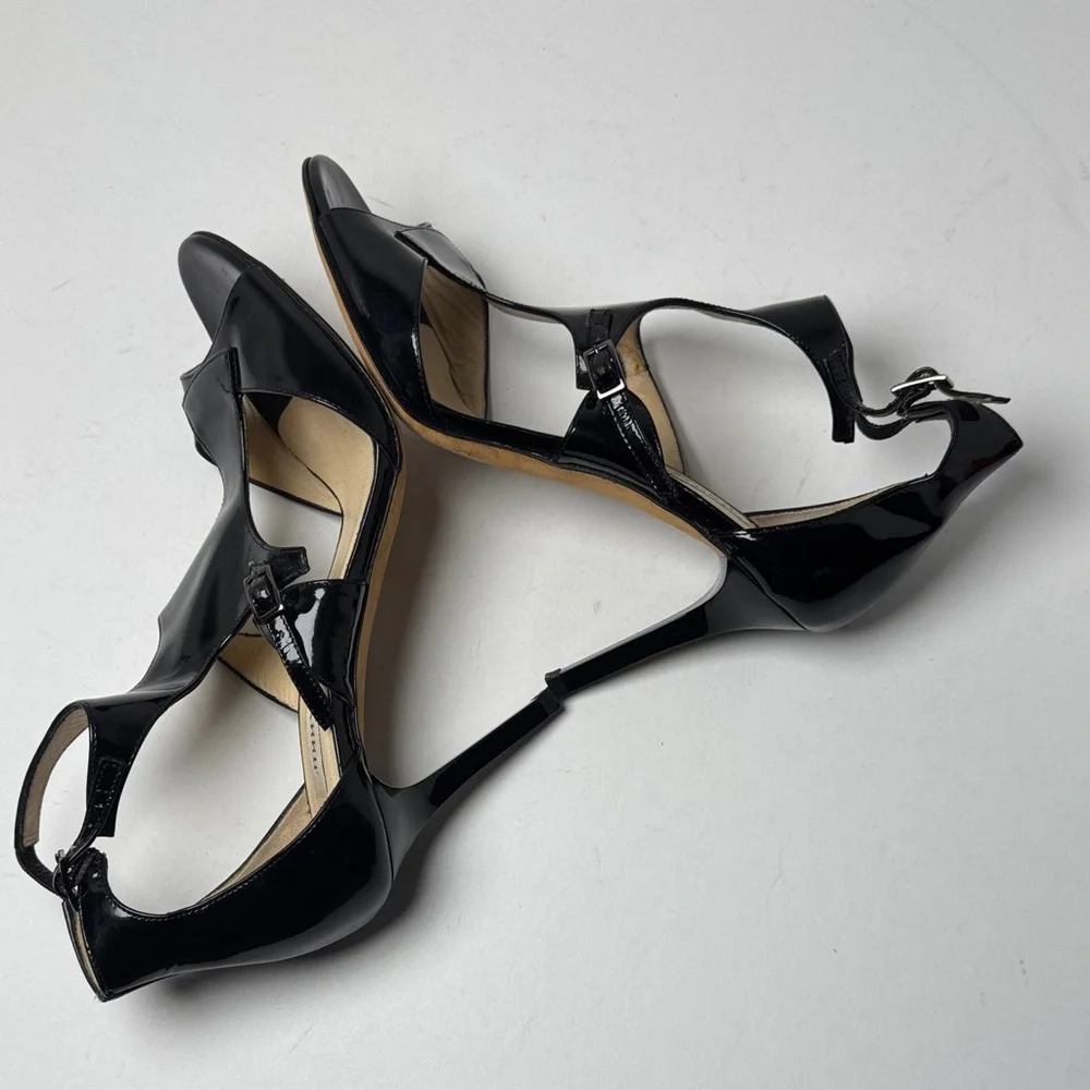 JIMMY CHOO Lotus Glossy Black‎ Patent Leather Cut Out Strappy 3" Heels Size 36 - Picture 5 of 15